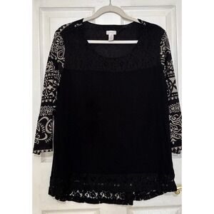 Chico's‎ Women's Black Lace Trimmed Tunic Top Sheer Sleeve Size 3 Large Boho